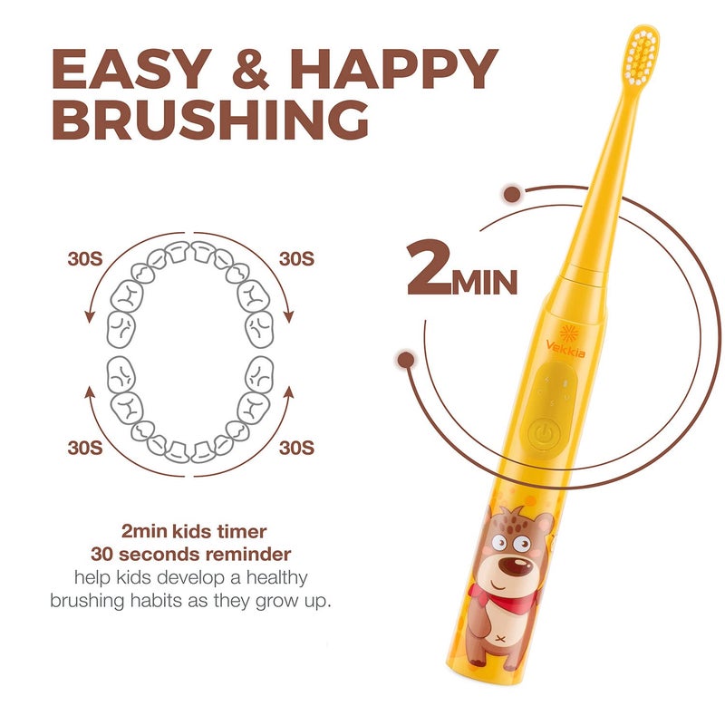 Vekkia Sonic Rechargeable Kids Electric Toothbrush, 3 Modes with Memory, Fun & Easy Cleaning, 24000 Strokes, IPX7 Waterproof, 2-Min Timer for Age 5+, 4 Soft Bristles(Yellow) - Image 4